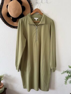 Garnet Hill Sage Green Quarter Zip French Terry Cotton Sweater Dress Size Large